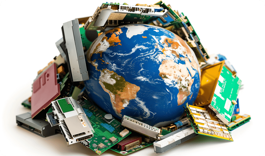 The earth surrounded by discarded electronic items