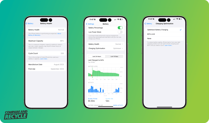 iPhone 15 charging cycles within the setting app showing charging optimisation features