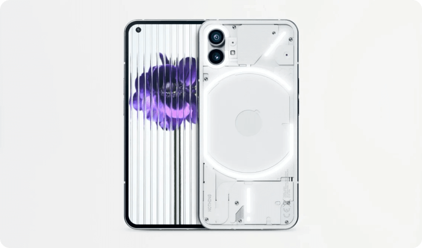front and rear view of nothing phone 1 mobile phone in silver
