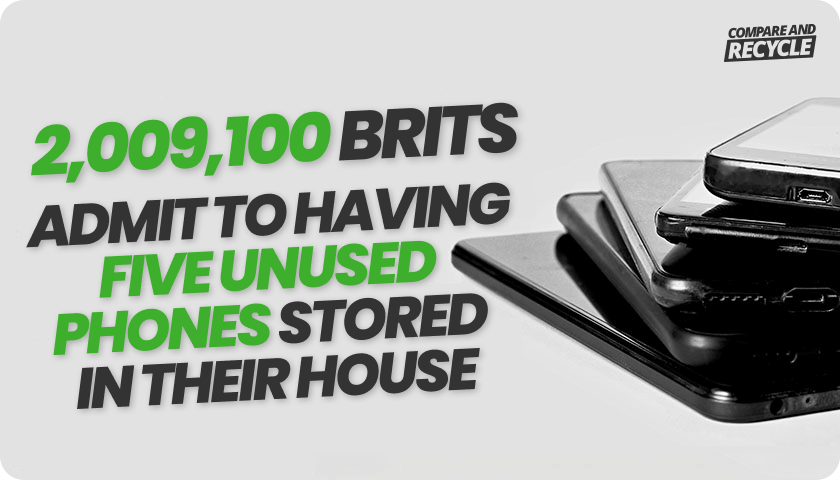 a pile of old mobile phones with text "2009100 brits admit to having 5 unused phones"