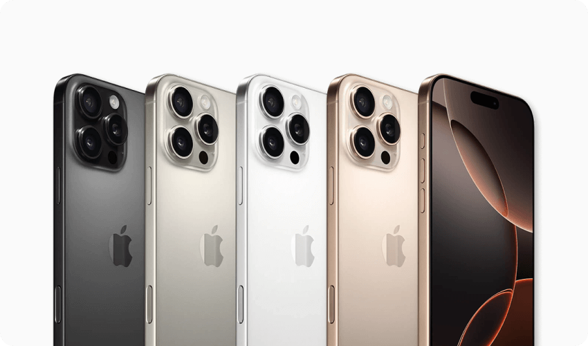 smartphones iphone 16 pro max in black, grey, white and bronze on white background