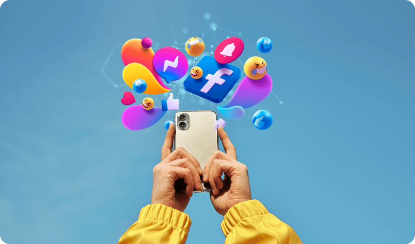 Hands holding mobile phone with social media icons bursting out of the screen