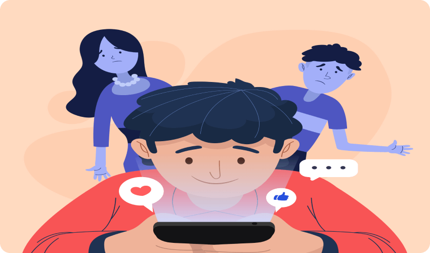 Person ignoring friends by using social media