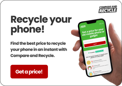 compare and recycle website on a mobile phone held in hand with text "recycle your phone"