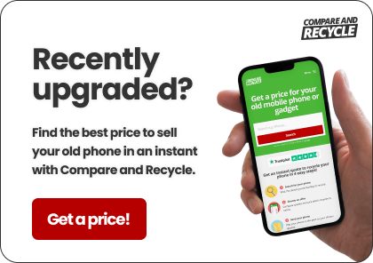 compare and recycle homepage on a smartphone held in hand with text "recently upgraded?"