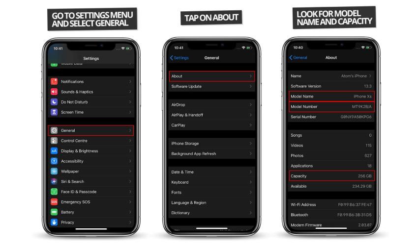 Screenshots of the iPhone settings locating the model and capacity.
