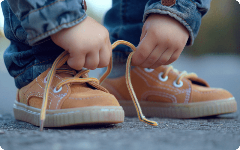 a cropped image of a toddler tying shoelaces