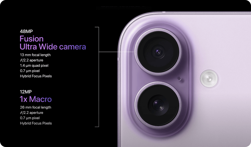 a close up of rear camera setup on the iphone 17 with lens descriptions
