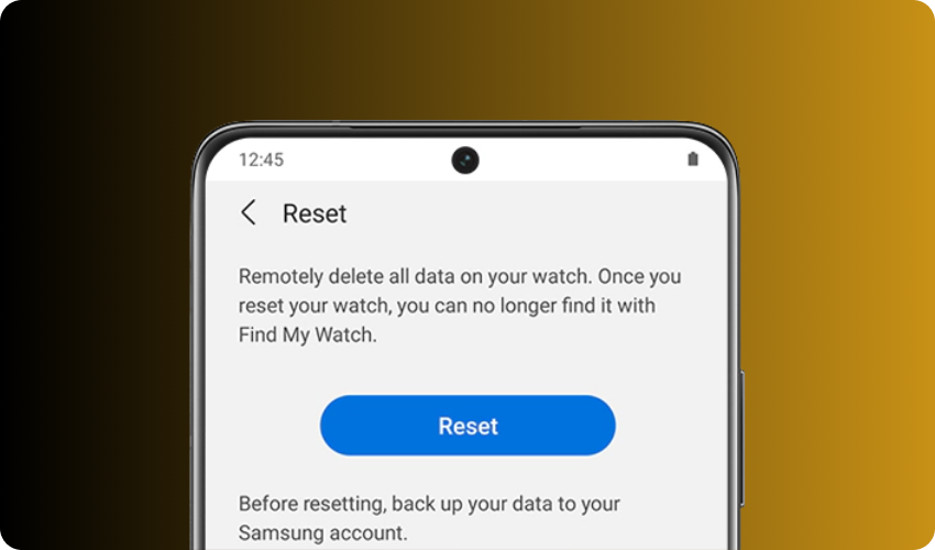 Close-up shot of a Samsung phone remotely wiping a smartwatch.
