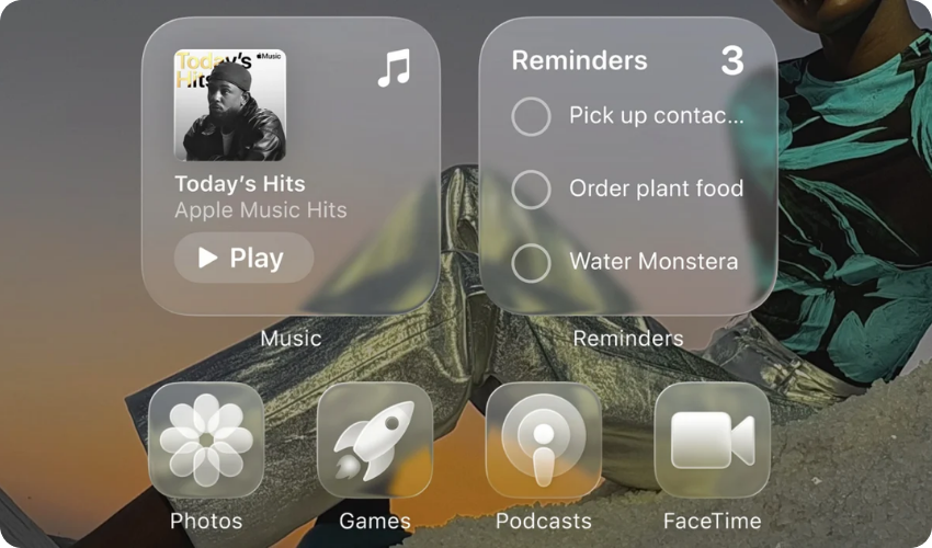 Icons and widgets in iOS 26 Liquid Glass.
