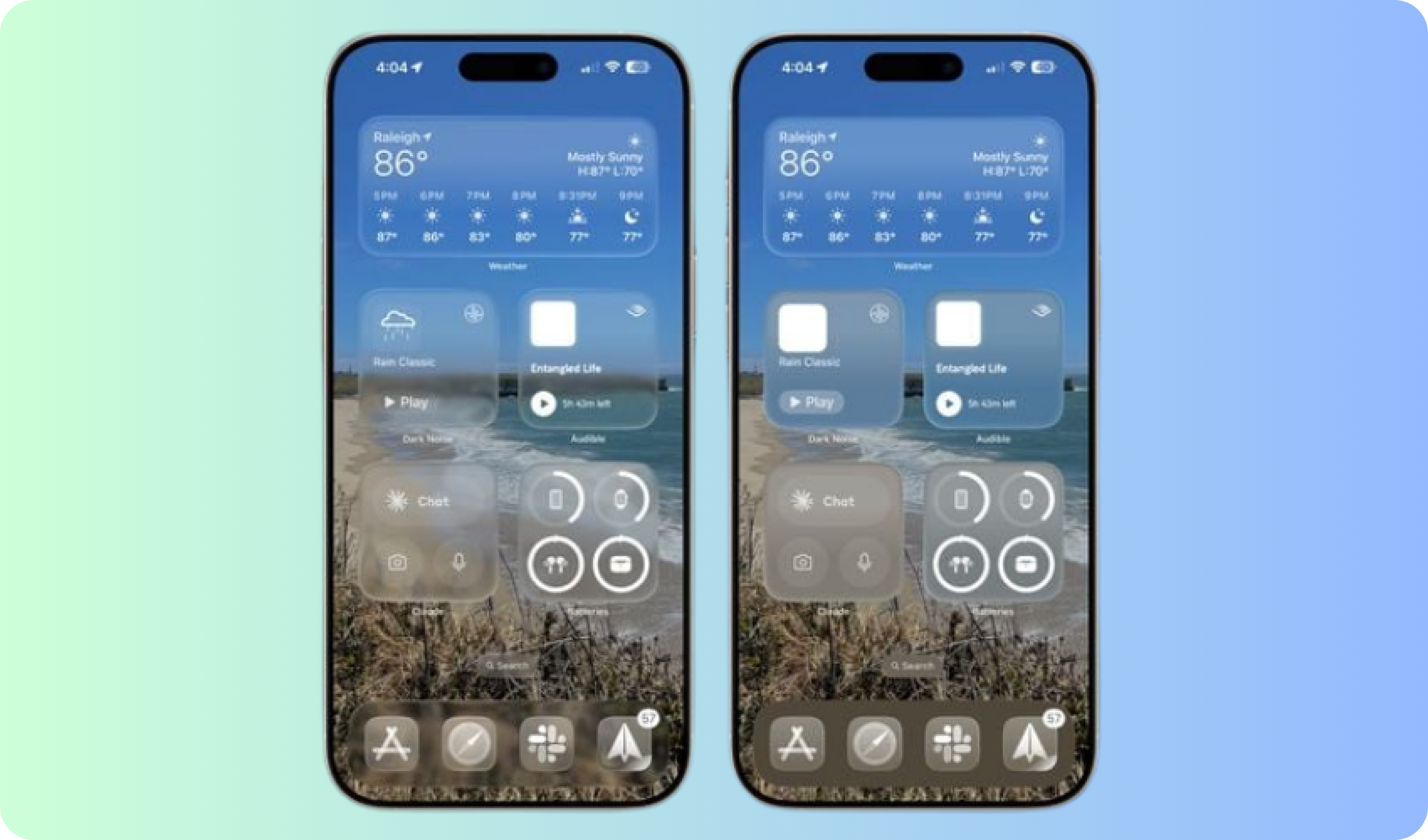 Liquid Glass default mode vs adjusted settings.