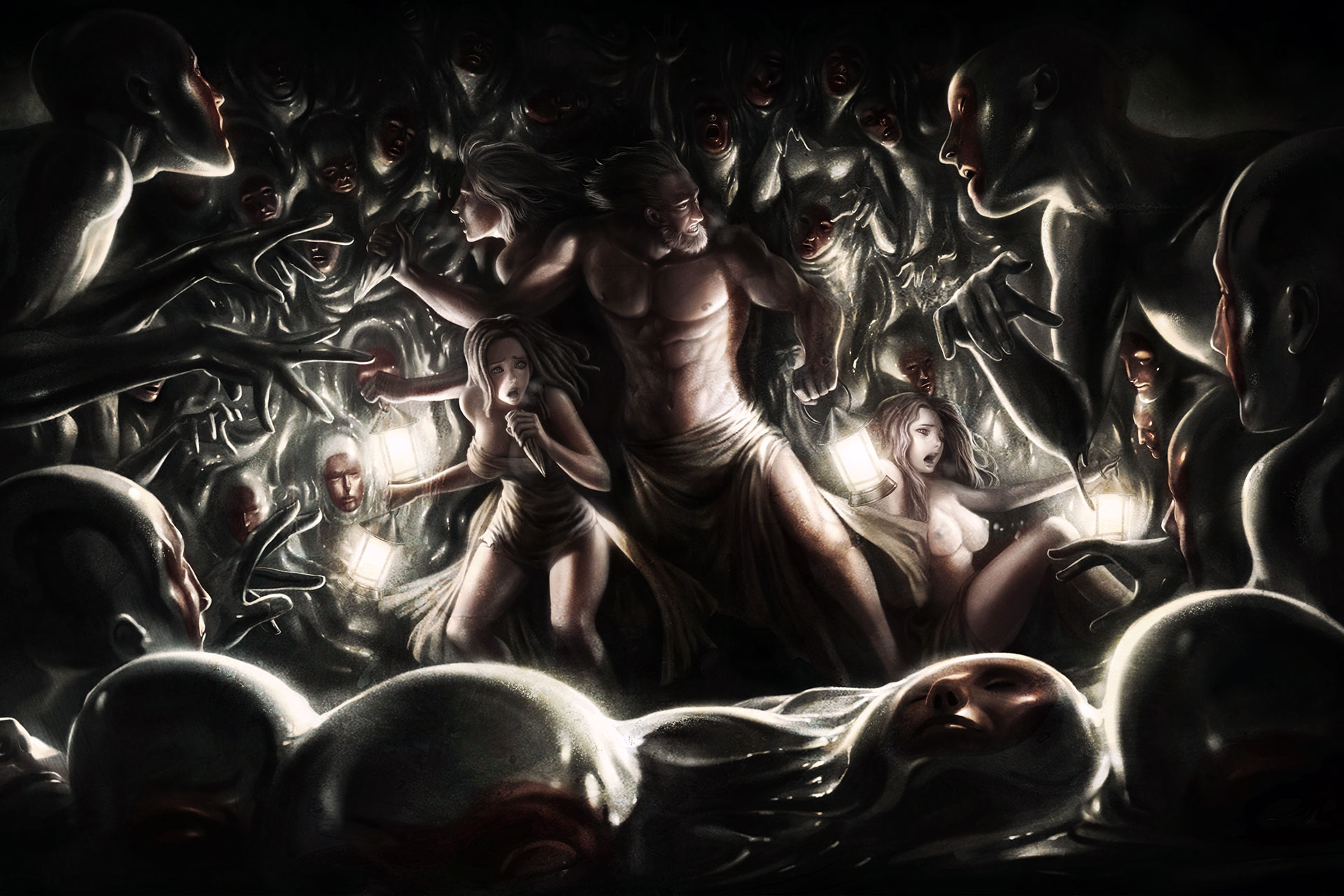 The four starting survivors standing back to back holding lanterns as figures emerge from the darkness.