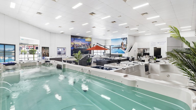 Swim spa in a showroom