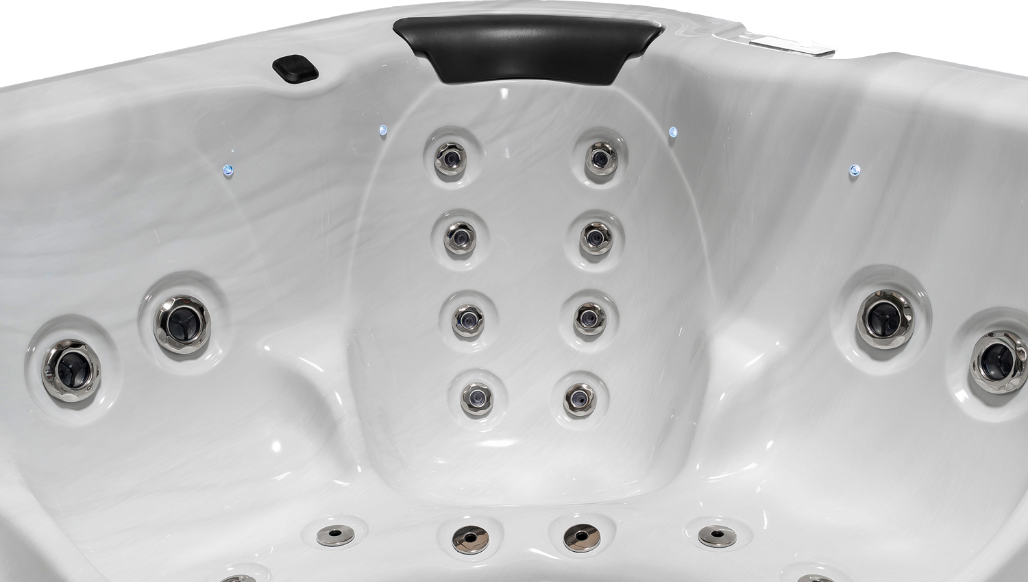 Close-up of the Fisher 5D Spa's shiatsu massage seat, showcasing ergonomic design and precision jets for therapeutic back and shoulder massage.