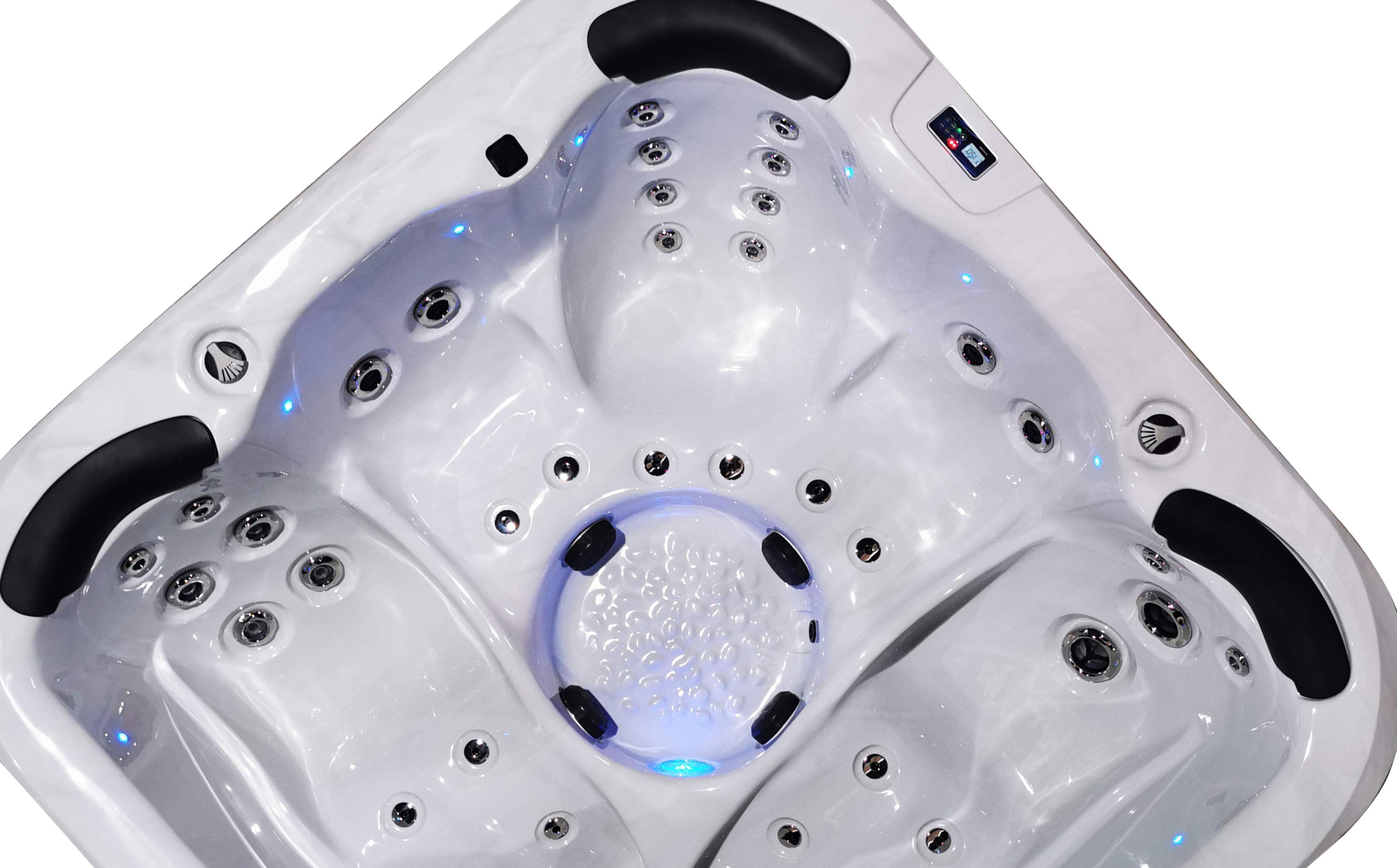 Close-up of the Fisher 5D Spa's three back massage seats, featuring ergonomic design and strategically placed jets for effective hydrotherapy