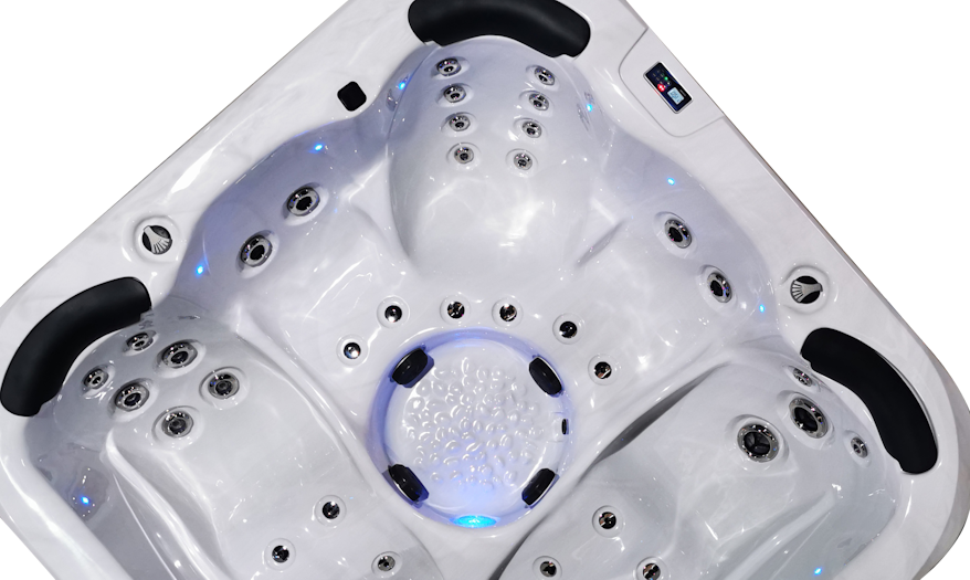 Close-up of the Fisher 5D Spa's three back massage seats, featuring ergonomic design and strategically placed jets for effective hydrotherapy