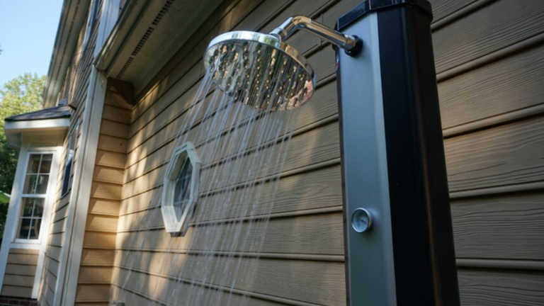 35L Solar Shower black and silver in use