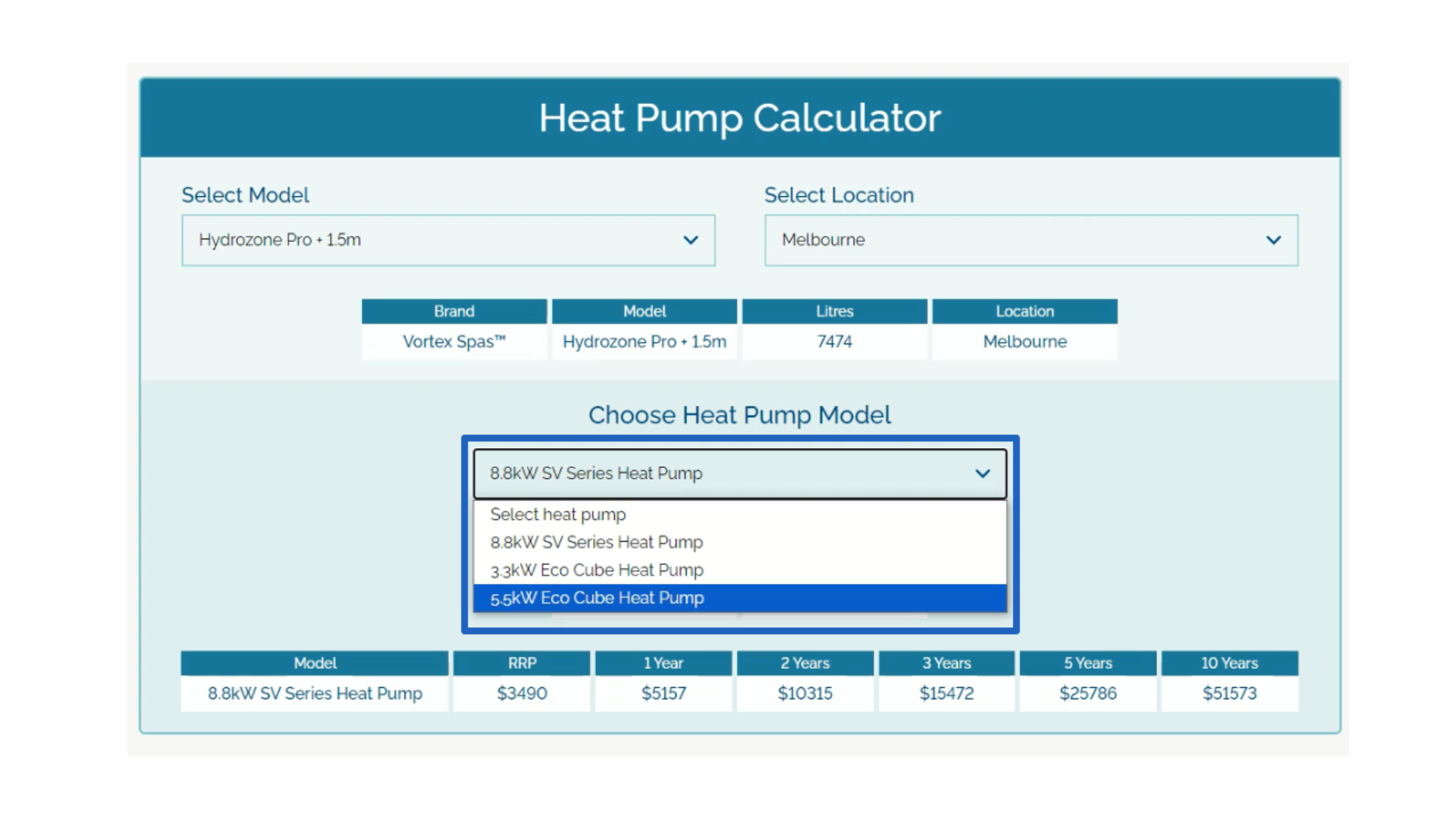 Spa World Heat Pump Calculator