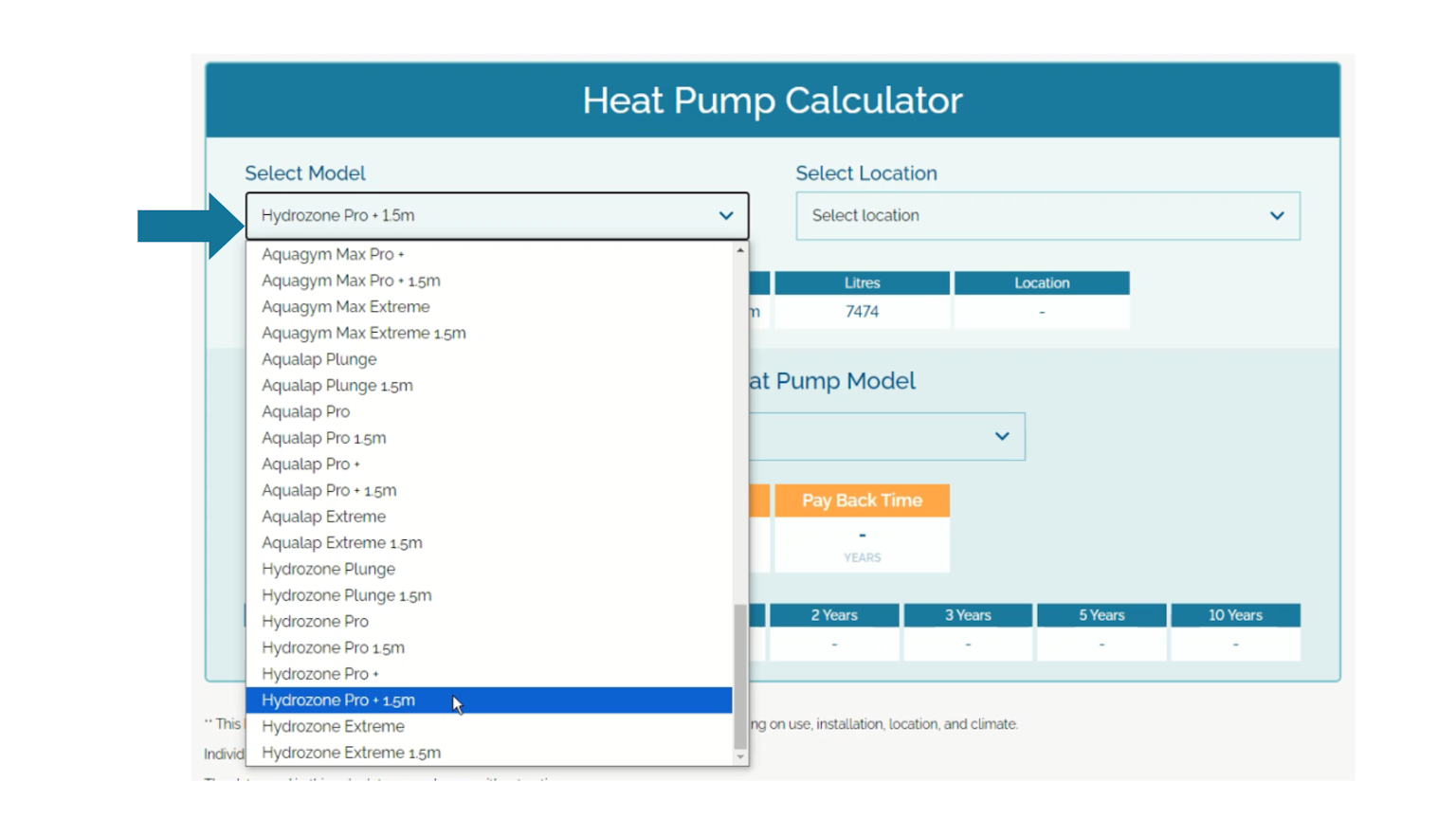 spa world heat pump calculator step 1