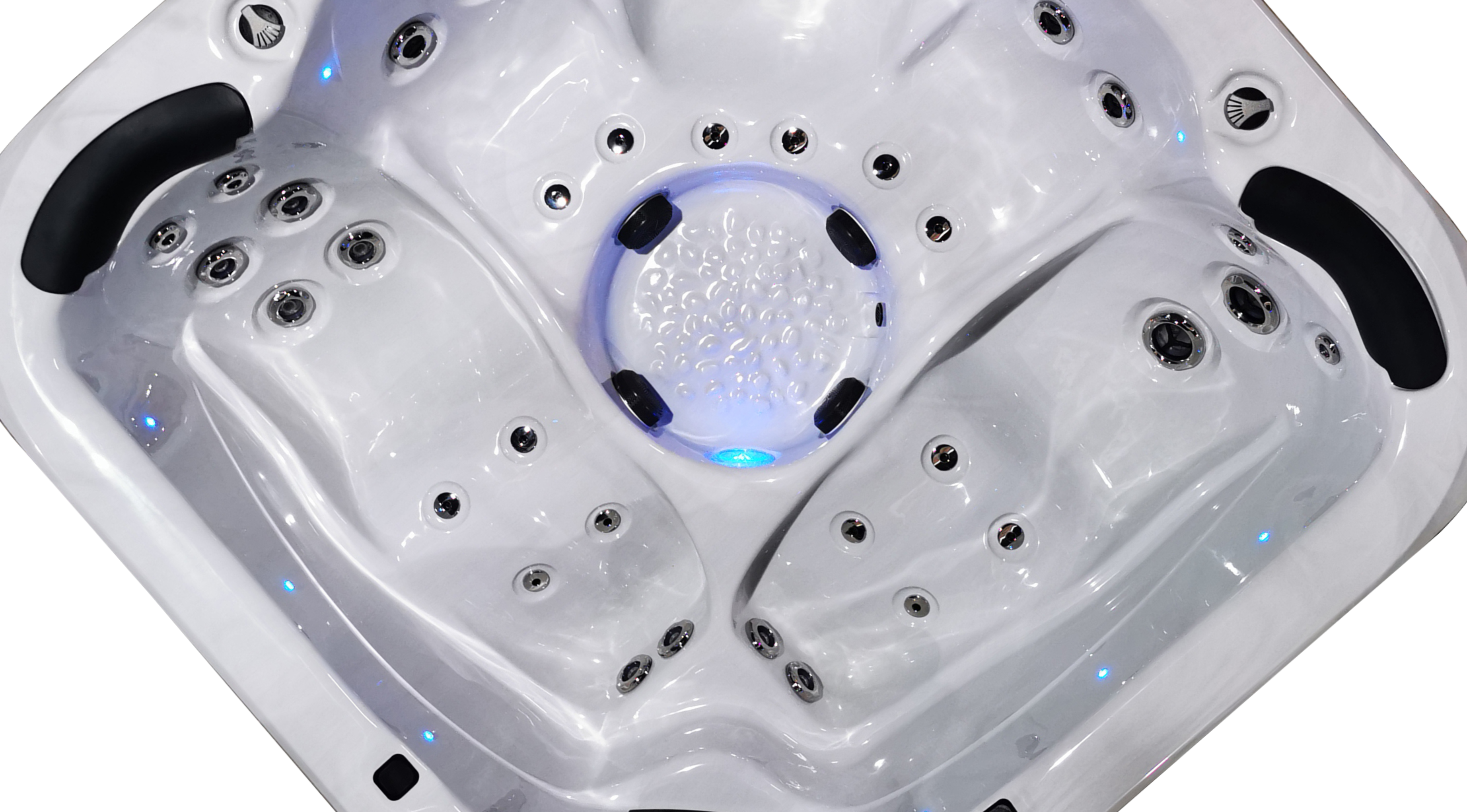 Close-up of the Fisher 5D Spa's hydrotherapy loungers, featuring ergonomic contours and strategically placed jets for a luxurious spa experience