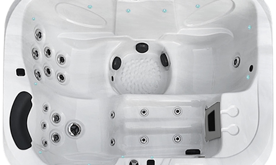 Overhead view of the Fisher 3 Spa Pool, featuring a rectangular design with built-in seating for three and strategically placed jets for optimal comfort
