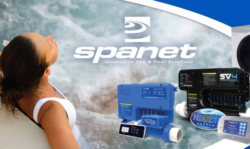 Close-up of a SpaNet control system panel, featuring a sleek digital display and durable construction for spa operation