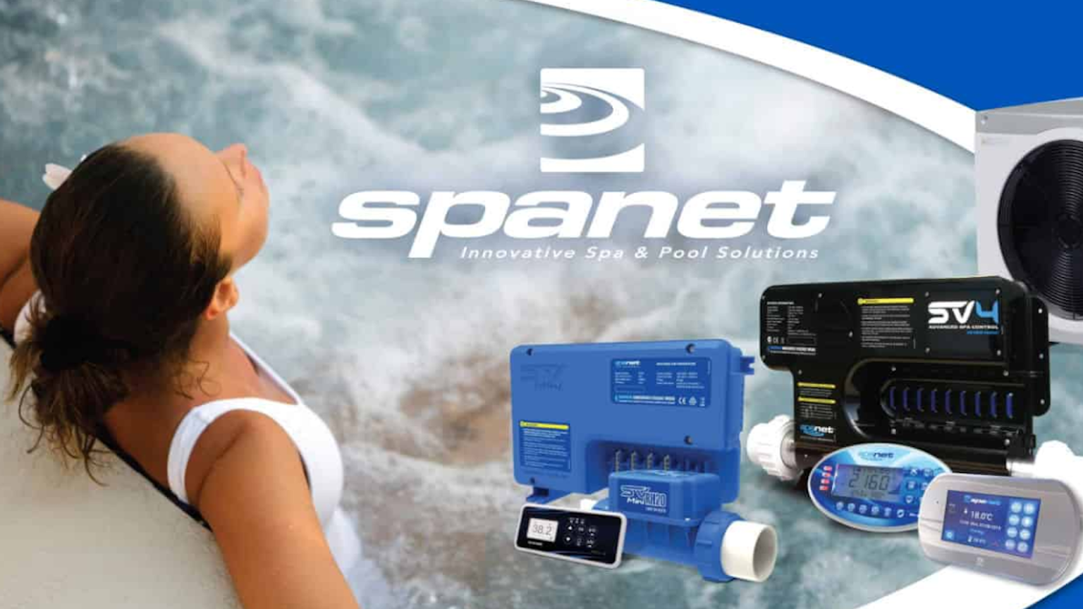 Close-up of a SpaNet control system panel, featuring a sleek digital display and durable construction for spa operation