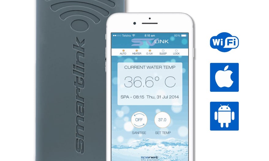 Close-up of the SV SmartLink Wi-Fi module, featuring a compact, sleek design for managing spa settings remotely via a smart device