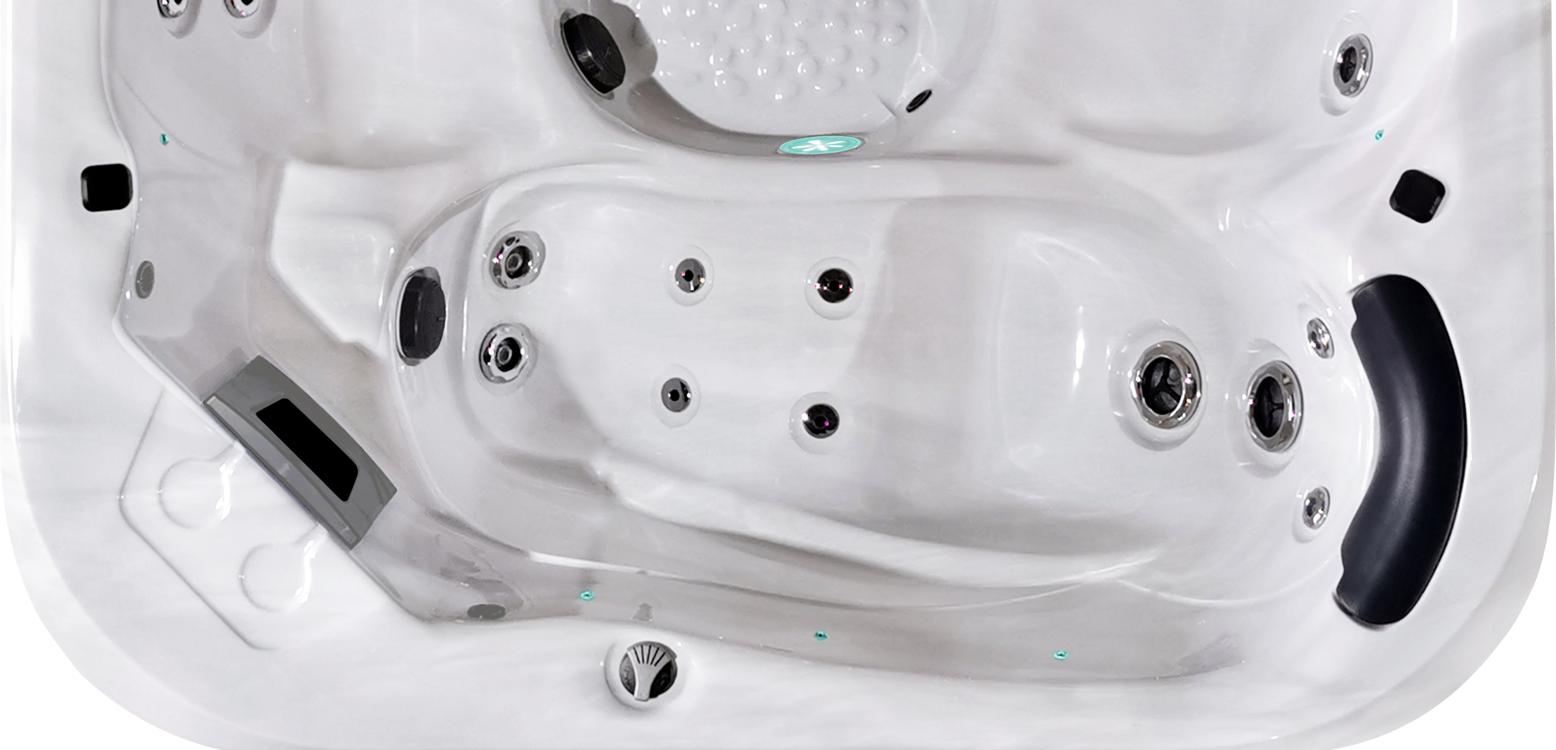 Overhead view of the Fisher 5S Spa, highlighting its ergonomic lounger, spacious layout, advanced hydrotherapy jet configuration, and foot massager