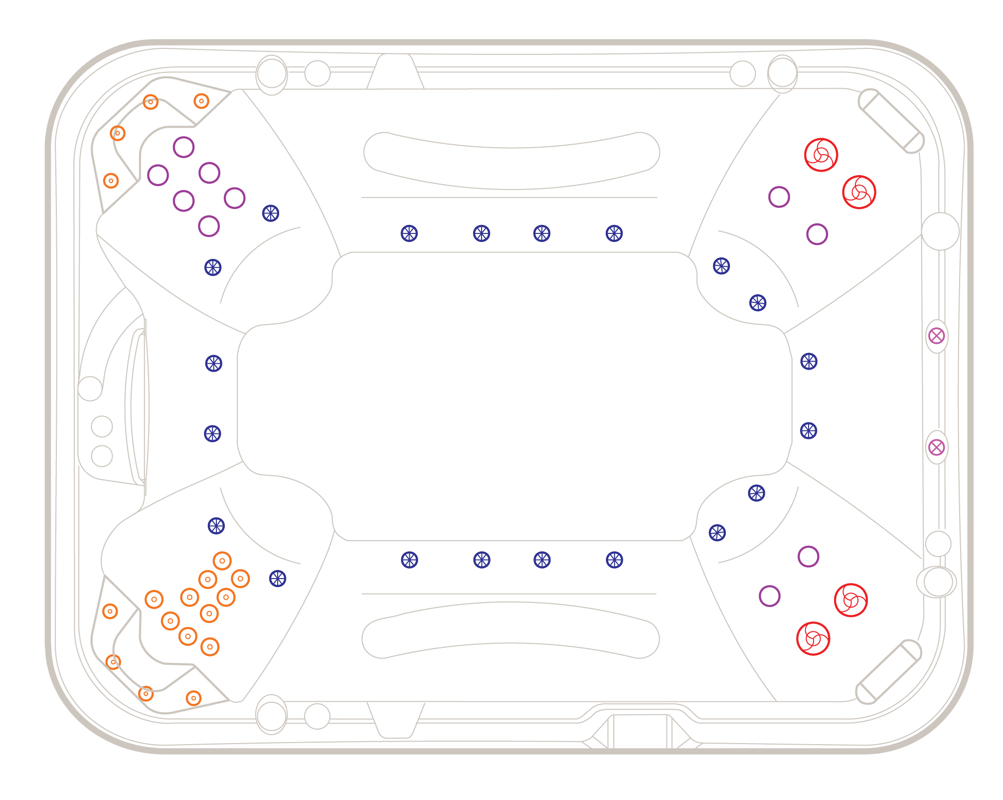 Diagram of the 2024 Titanium spa pool jet layout, showing jet positions and configuration.