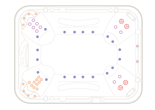 Diagram of the 2024 Titanium spa pool jet layout, showing jet positions and configuration.