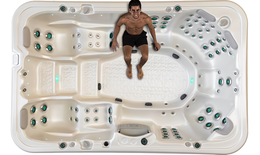 Man on one of Palladium spa pool's Three Full Back Massage Focused Seats