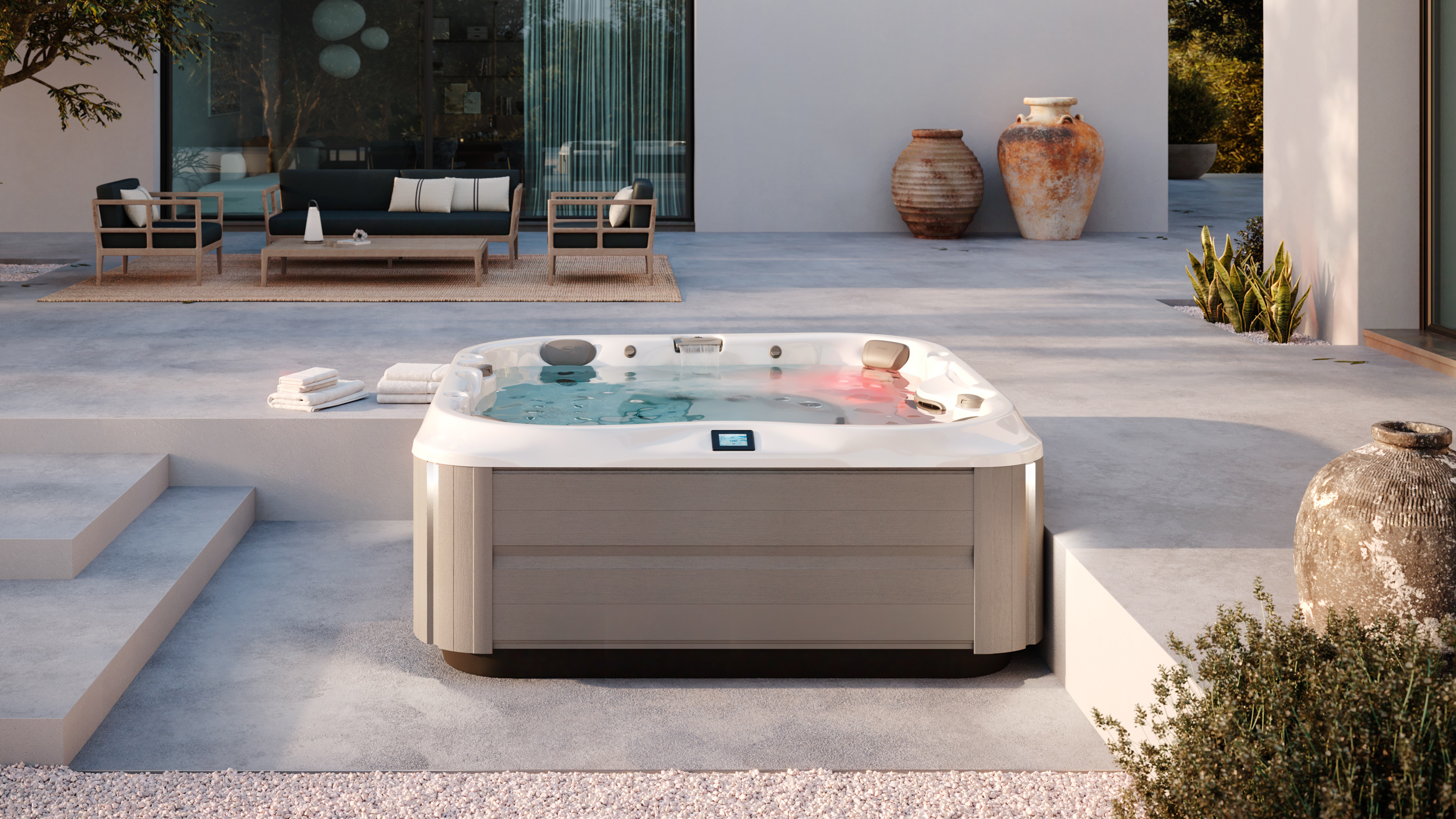 J-375 with IR lights hot tub in a spacious residential yard
