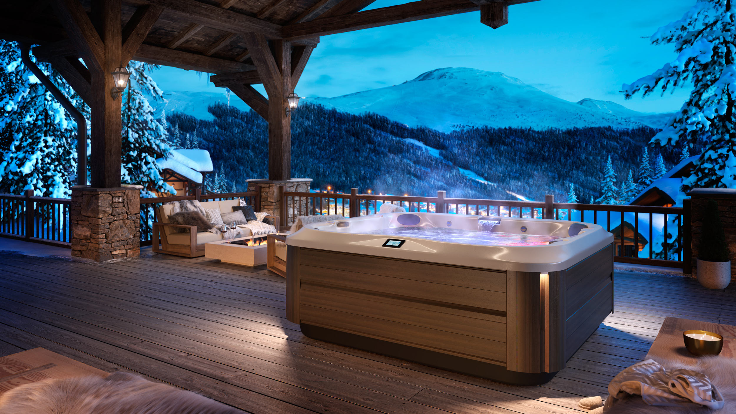 J-385 hot tub in an residential terrace overlooking snow-capped mountains