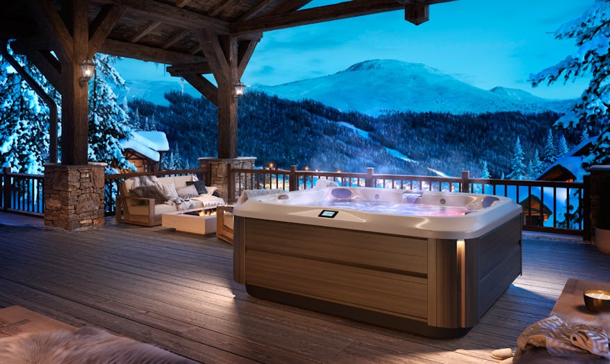 J-385 hot tub in an residential terrace overlooking snow-capped mountains