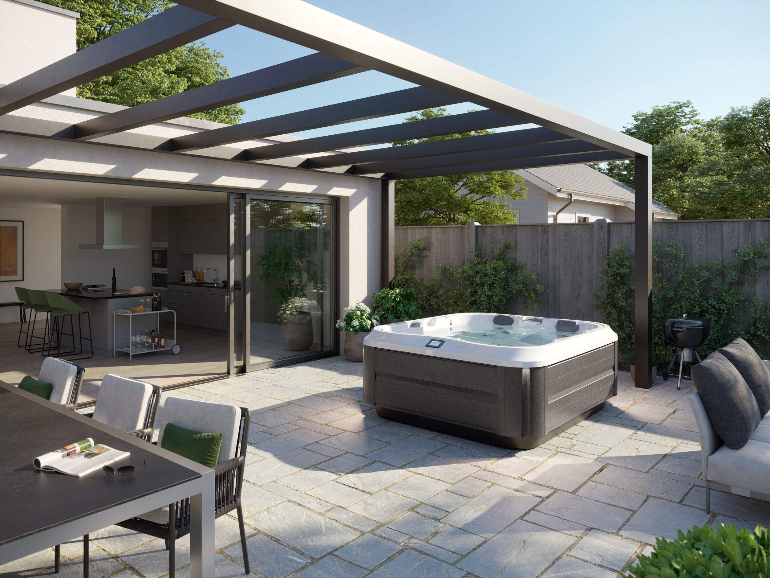 J-325 hot tub in a backyard under a pergola
