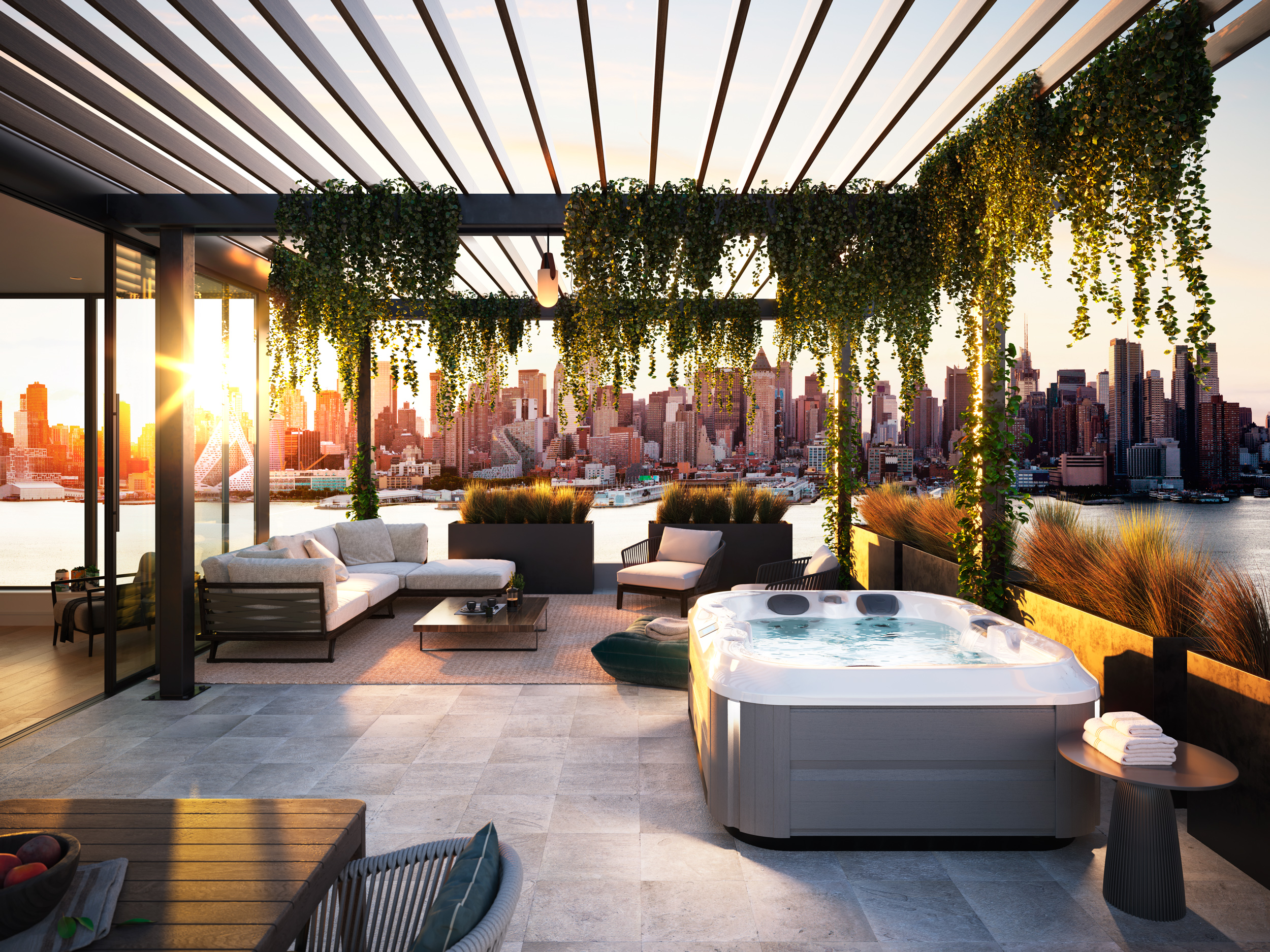 J-315™ hot tub under an outdoor patio overlooking city view