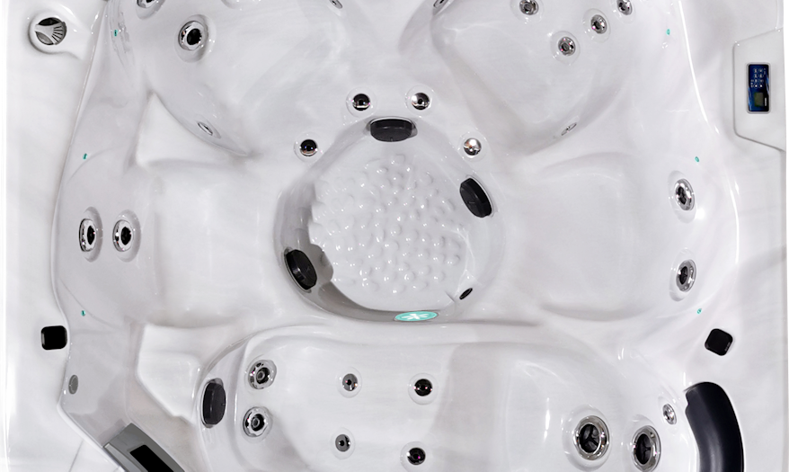 Overhead view of the Fisher 5S Spa, featuring a spacious interior with ergonomic seating and strategically placed hydrotherapy jets