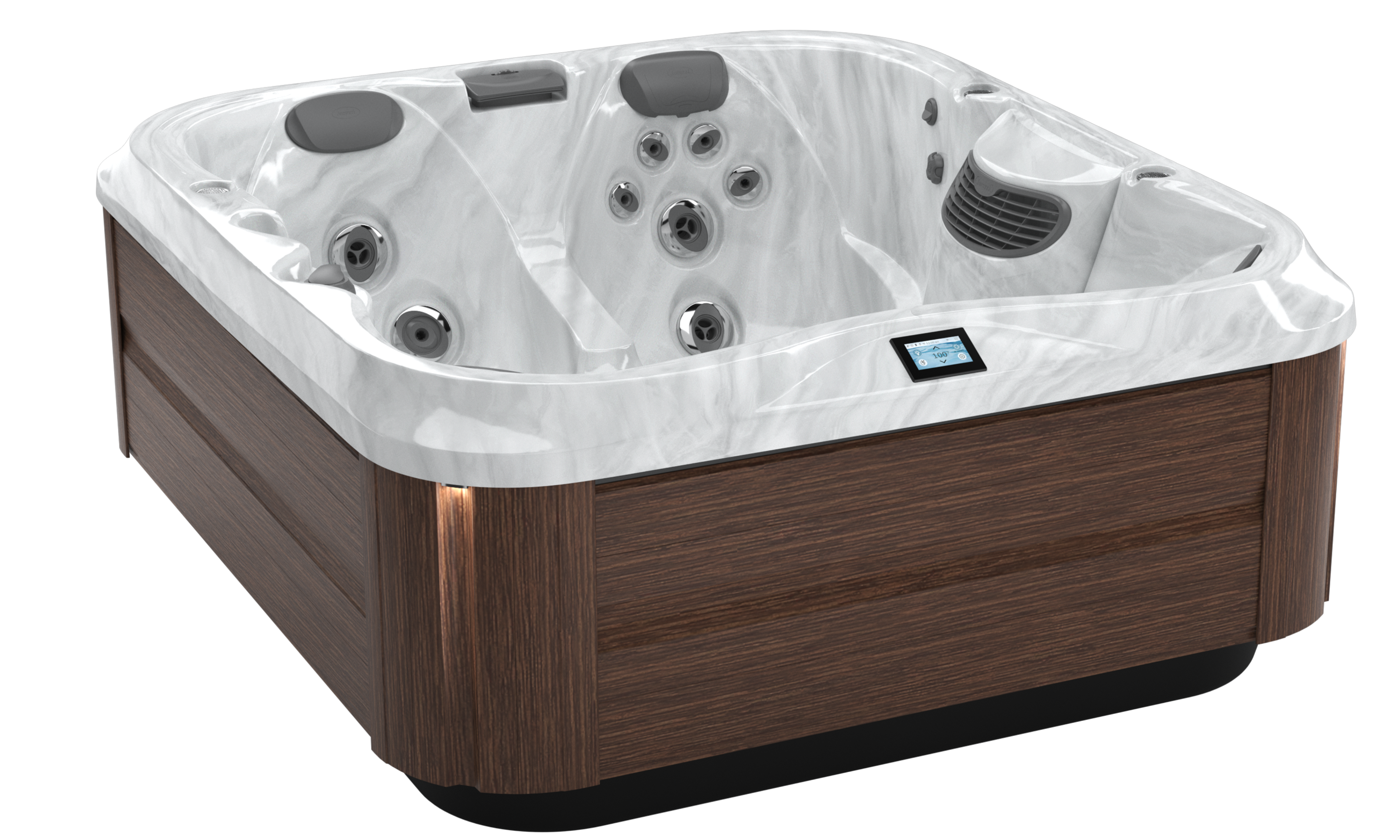 Angled view of a J-325 hot tub in platinum modern hardwood