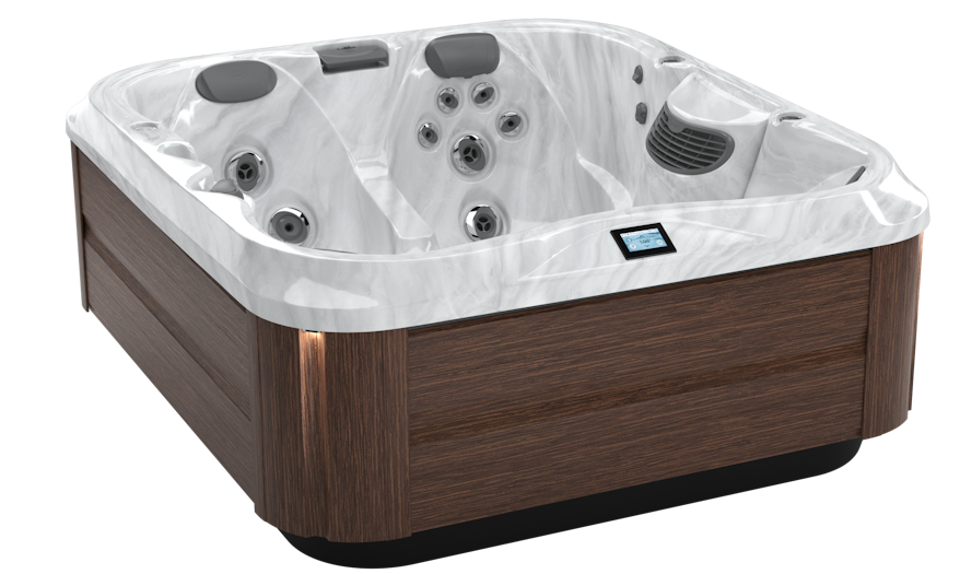 Angled view of a J-325 hot tub in platinum modern hardwood