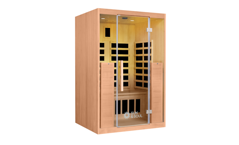 Angled view of SUN200 sauna with lights on