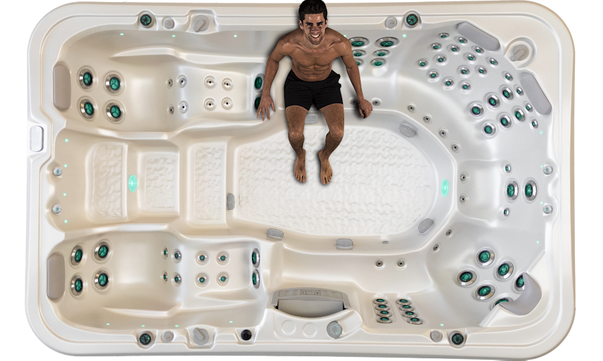 Man on one of Palladium spa pool's Three Full Back Massage Focused Seats