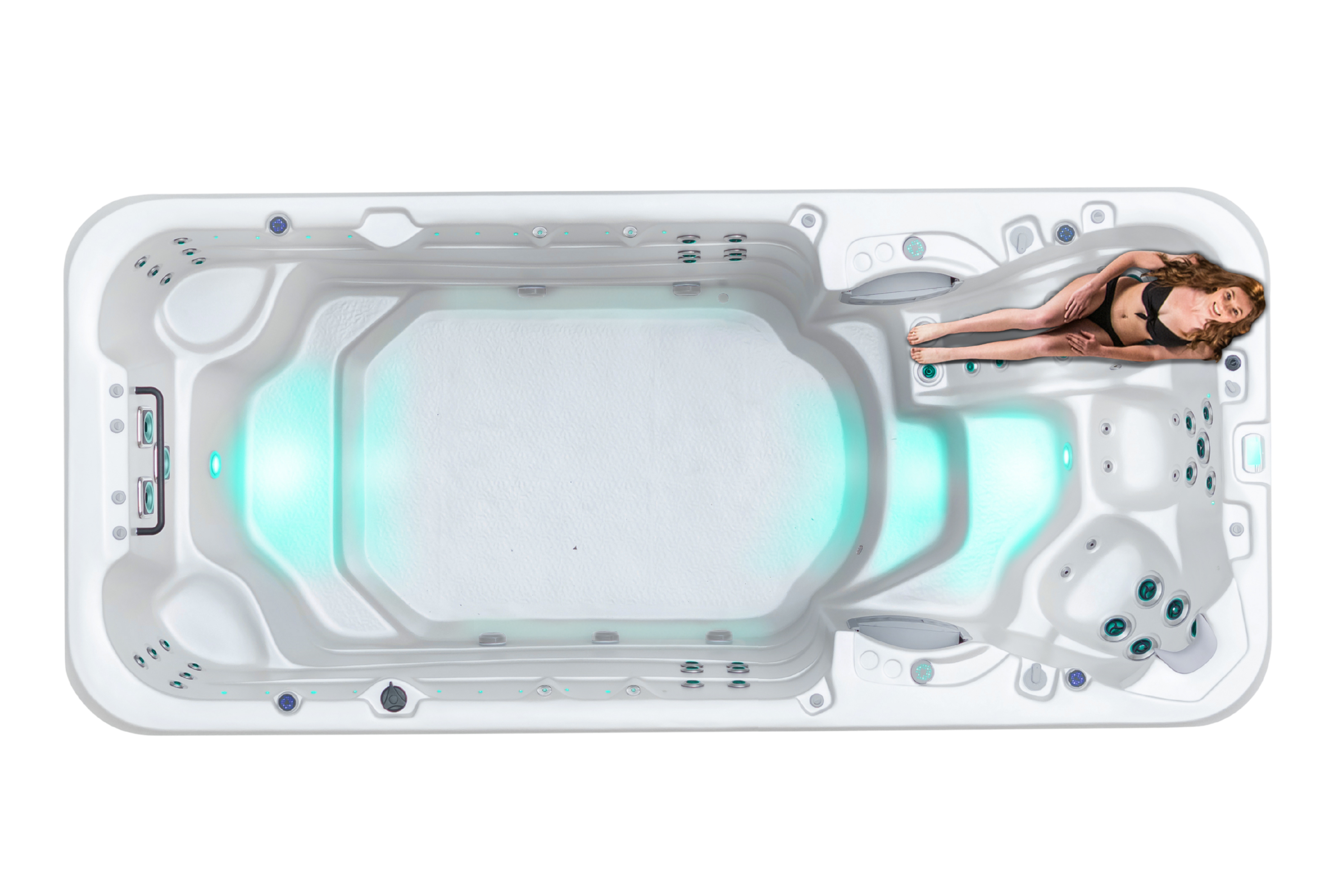 Top down view of the Vortex Aquapace swim spa with a woman on the lounger