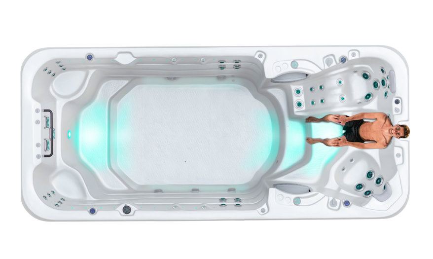 Top down view of the Aquapace with a man on the Child / Cool-Down Seat