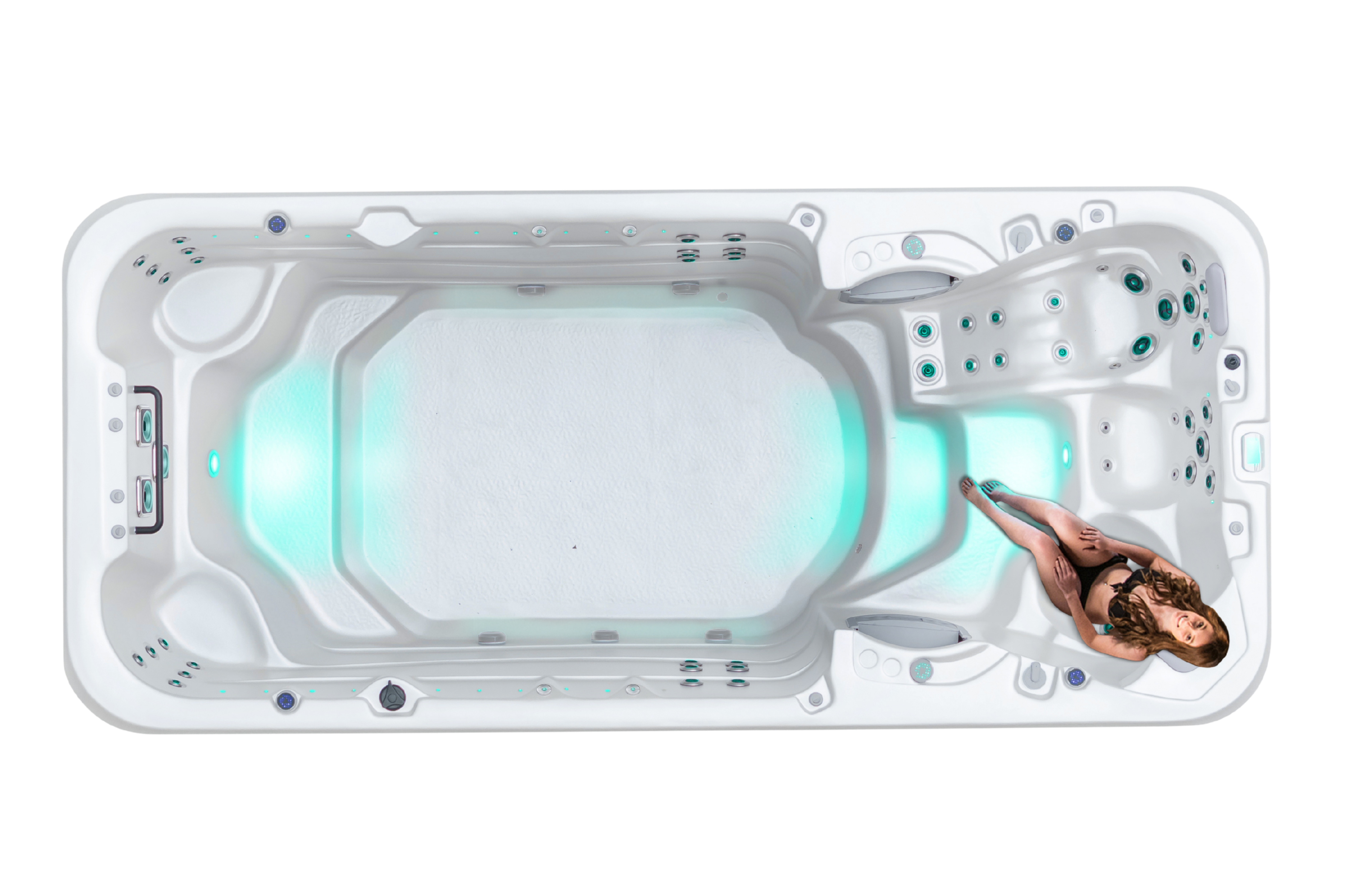Top down view of a Vortex Aquapace swim spa with a woman on its Neck and Shoulder Therapy Seat