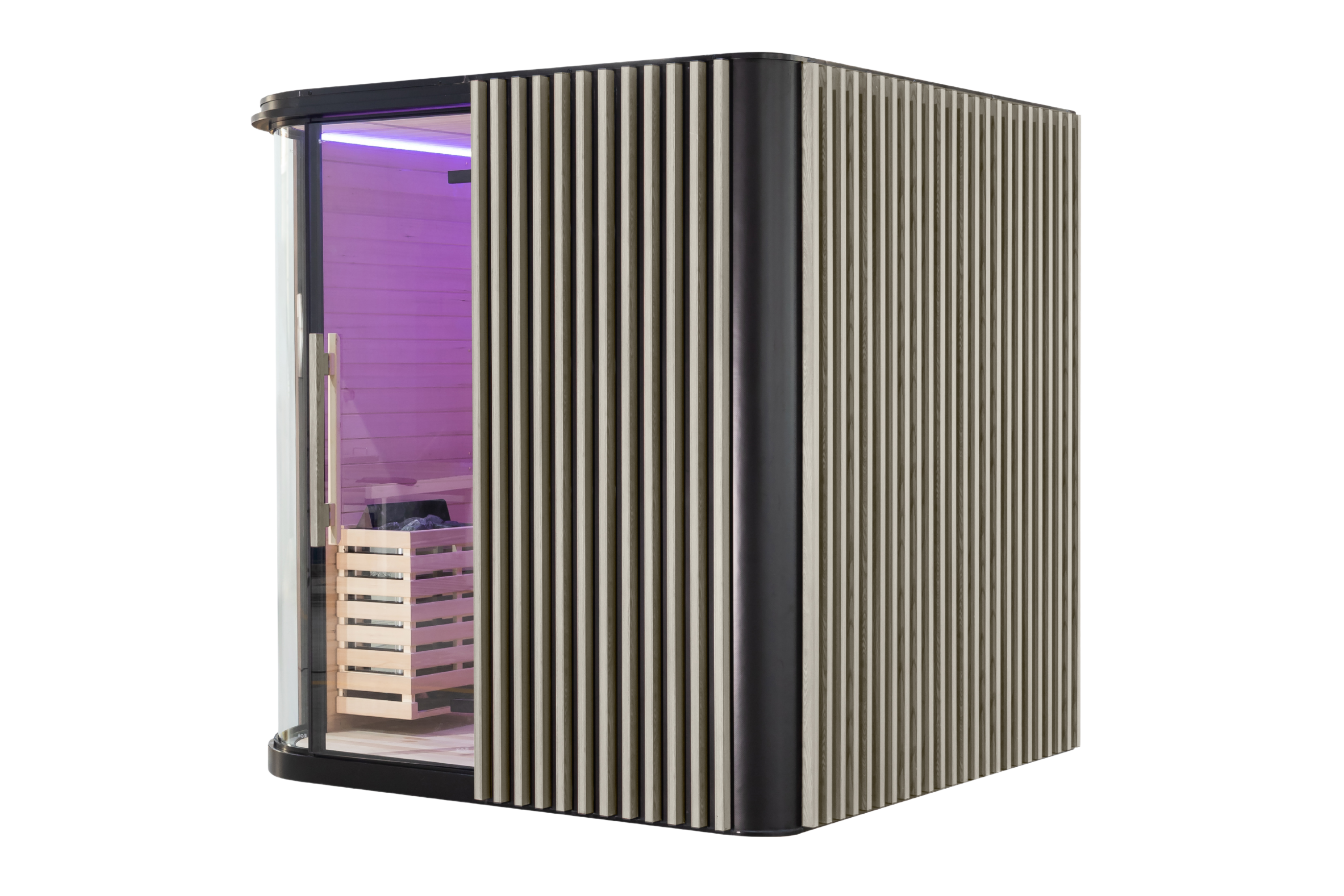 Angled left side view of the Elementa 6-person outdoor sauna