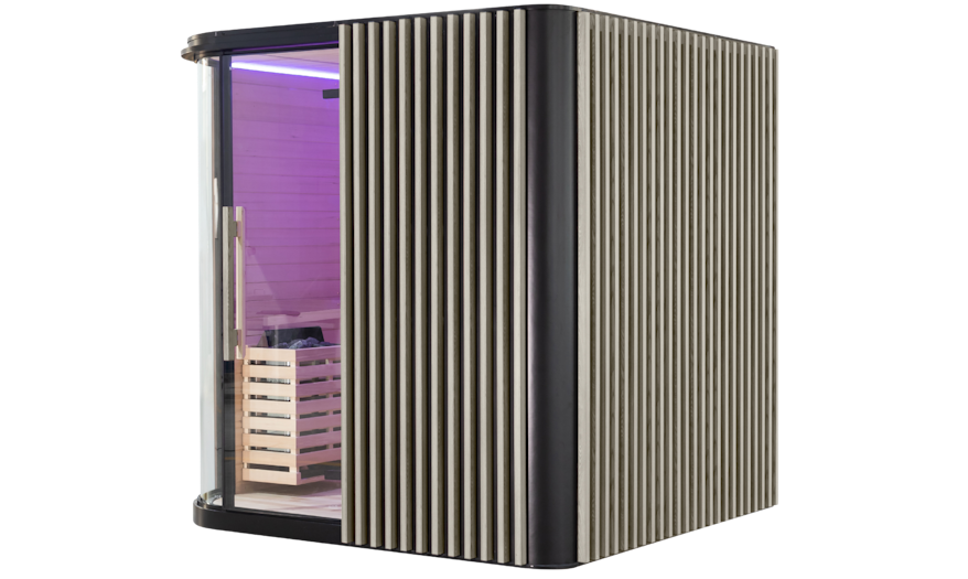 Angled left side view of the Elementa 6-person outdoor sauna