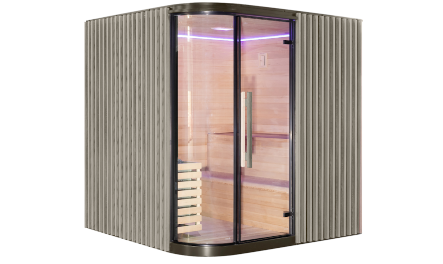 Angled view of the Elementa 6-person sauna