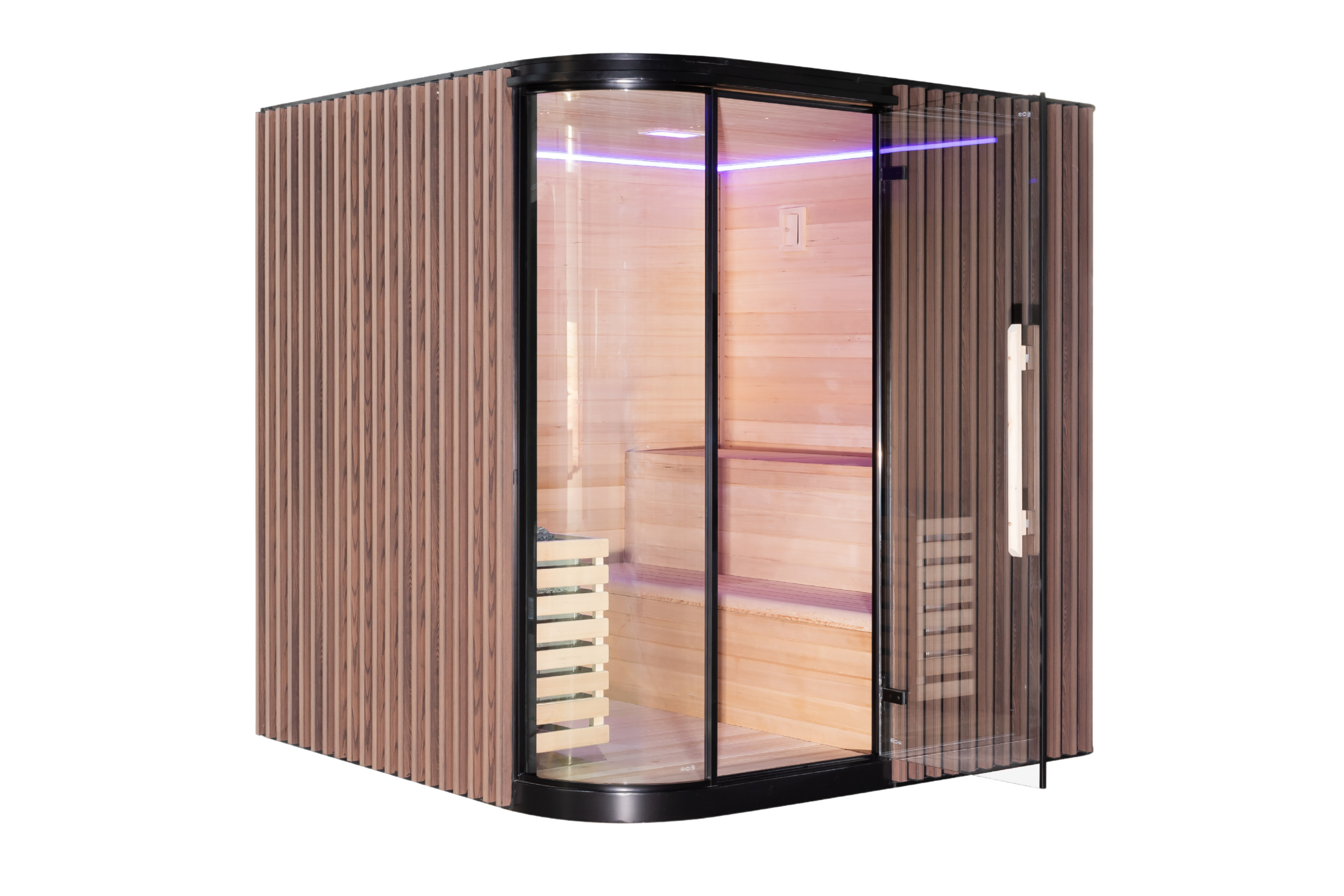Angled view of the Elementa 6-person outdoor sauna