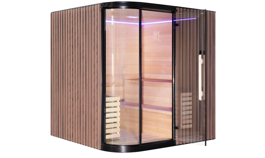 Angled view of the Elementa 6-person outdoor sauna
